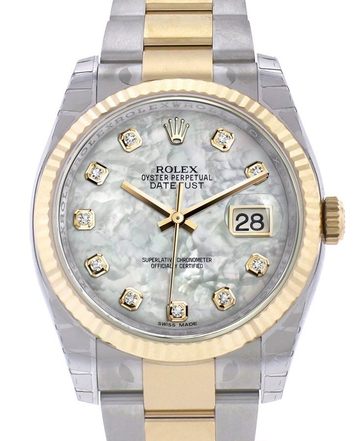 Datejust 36 White mother-of-pearl Diamond Dial Fluted 18K Gold Two Tone Oyster Watch 116233