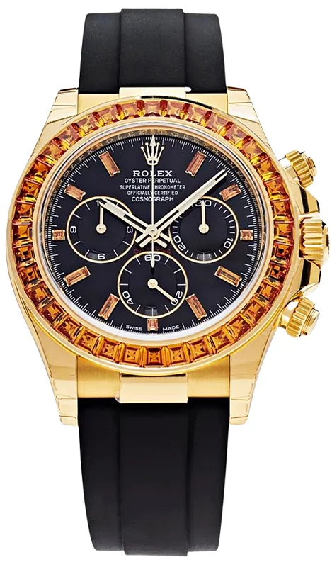 Rolex Daytona Yellow Gold Orange Sapphire Bezel Black Dial 116588SACO