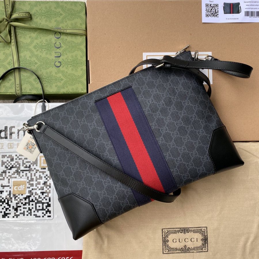 Gucci Black Messenger Black/Grey GG Supreme Canvas Blue And Red Web For Men 14in/35cm 474139 K5ICN 1095 - Crozus