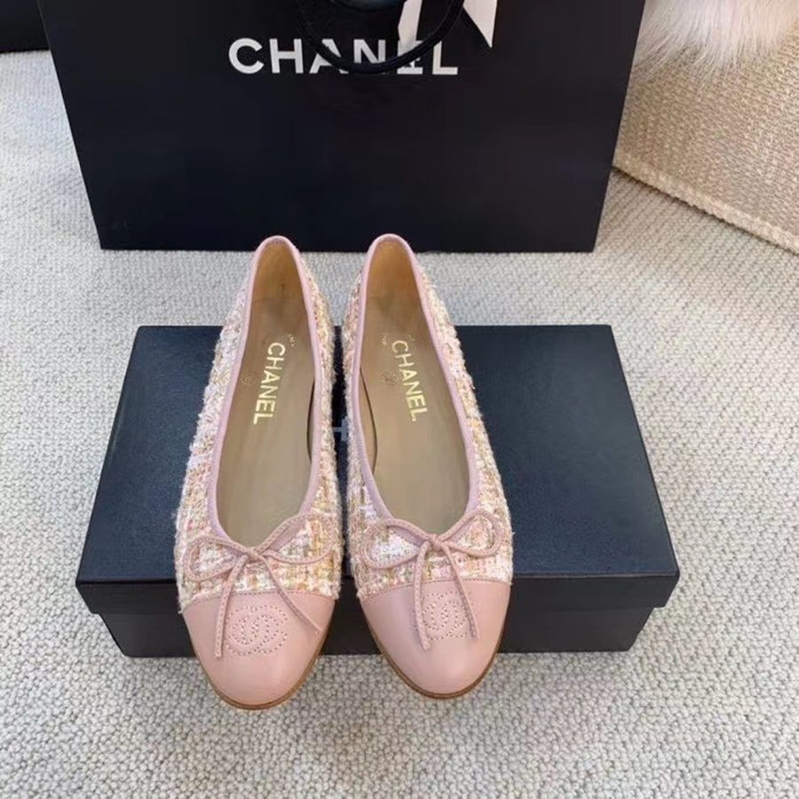 Chanel Ballerina Flats Tweed and Grosgrain Light Pink For Women, Women's Shoes G02819 - Crozus