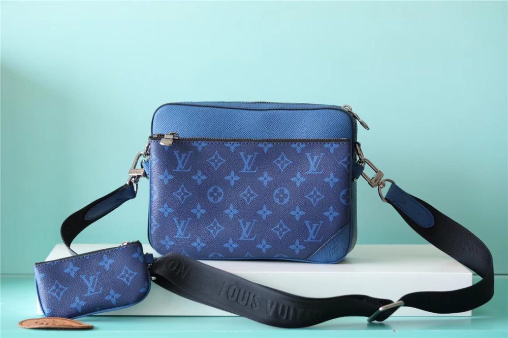 Louis Vuitton Trio Messenger Monogram Canvas And Taiga Cobalt Blue For Men, Men's Bags, Shoulder And Crossbody Bags 9.5in/25cm LV M30848 - Crozus