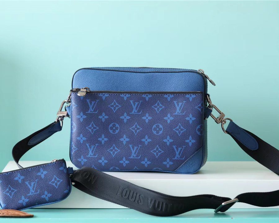 Louis Vuitton Trio Messenger Monogram Canvas And Taiga Cobalt Blue For Men, Men's Bags, Shoulder And Crossbody Bags 9.5in/25cm LV M30848 - Crozus