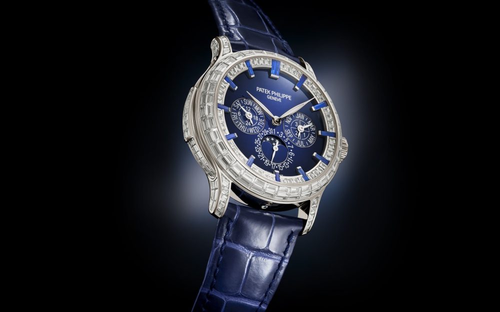 Patek Philippe Grand Complication, Platinum set with baguette diamonds and sapphires, 42mm, Ref# 5374/300P-001