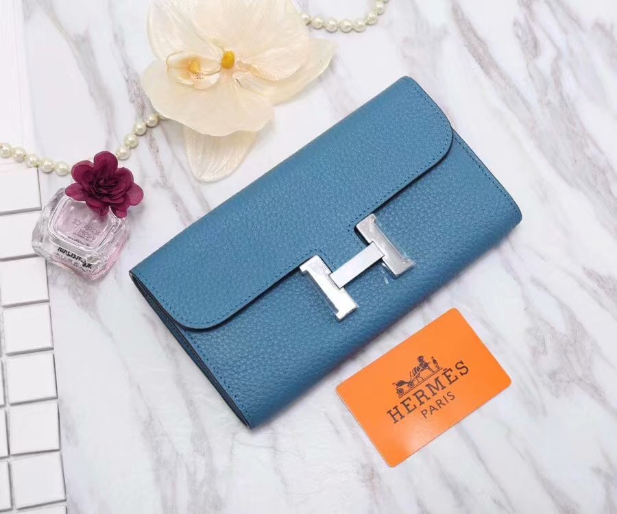 Hermes Constance Togo Long Wallet 20cm/7.9in Silver Toned Hardware For Women Blue - Crozus